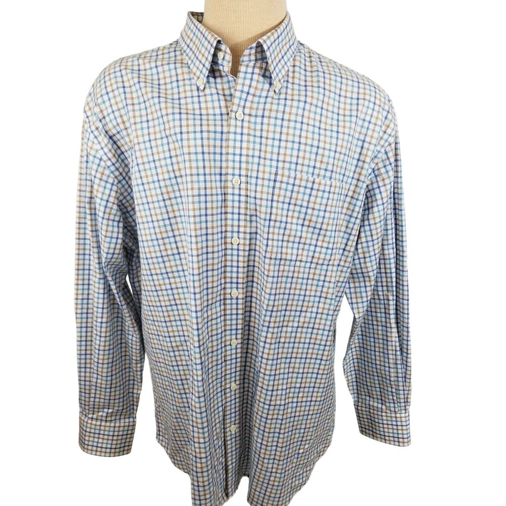 Peter Millar Button Front White/Blue Men's Plaid Shirt Size XL 12621-0306